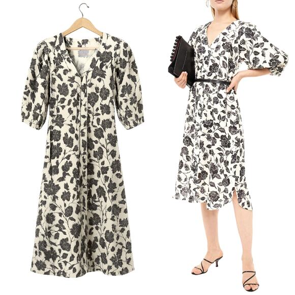 Zimmermann Dresses & Skirts - NEW Zimmermann S Lovestruck Floral 100% LINEN Midi Dress Puff Sleeve Black Tan 0